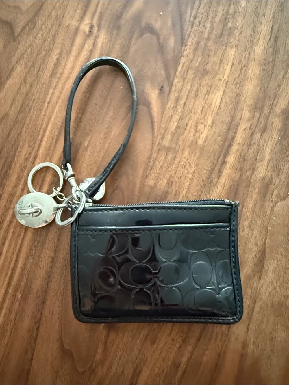 Coach Black Patent Leather Wristlet Card Holder with Keyring